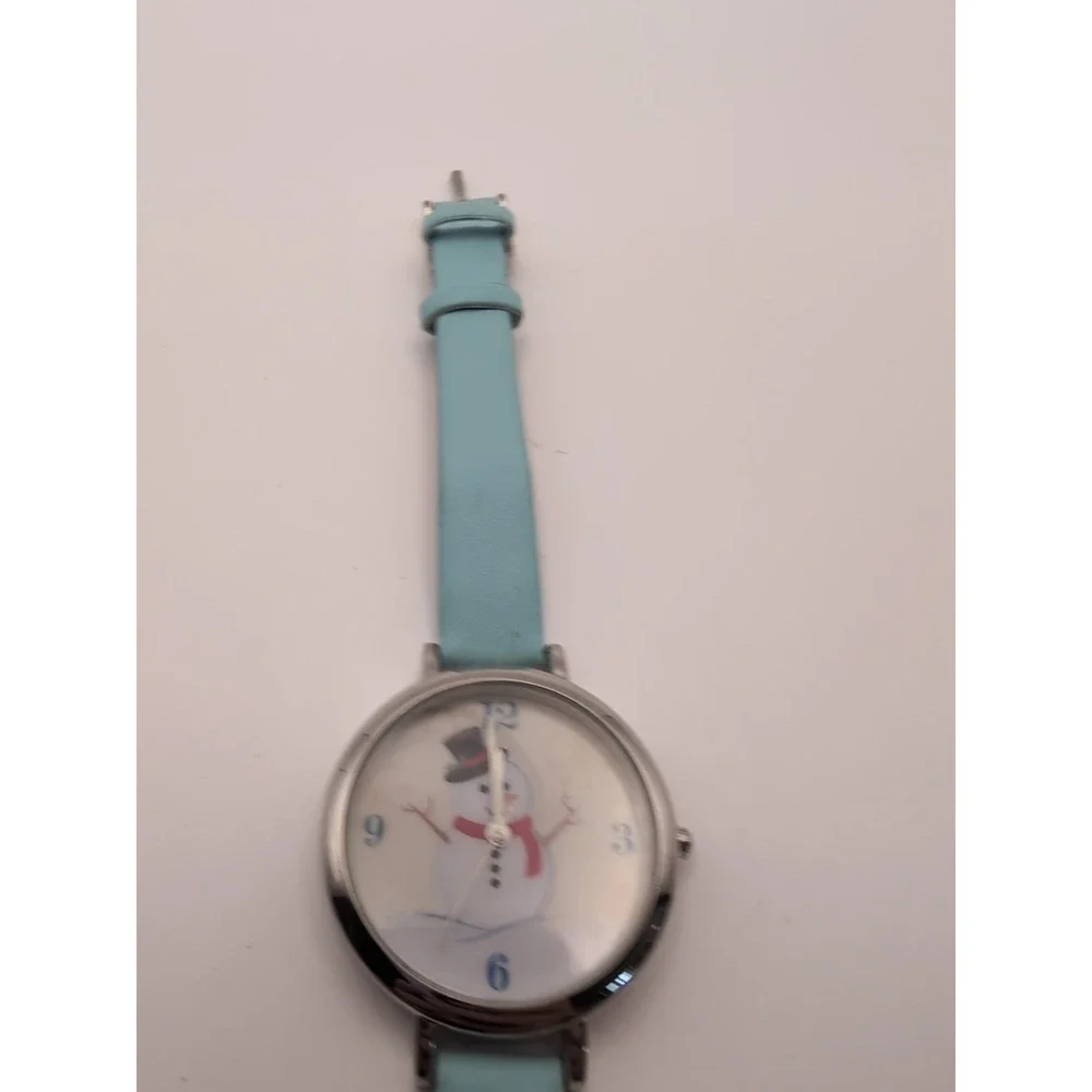 Women Christmas Snowman FMD Watch Silver‎ Tone Case Light Blue Faux Leather Band